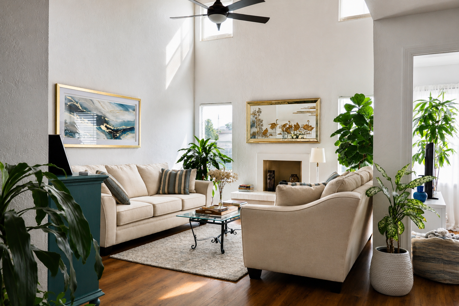 Vaulted living room with fireplace